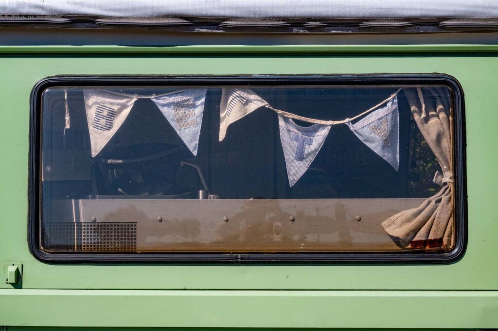 Bunting in VW camper window