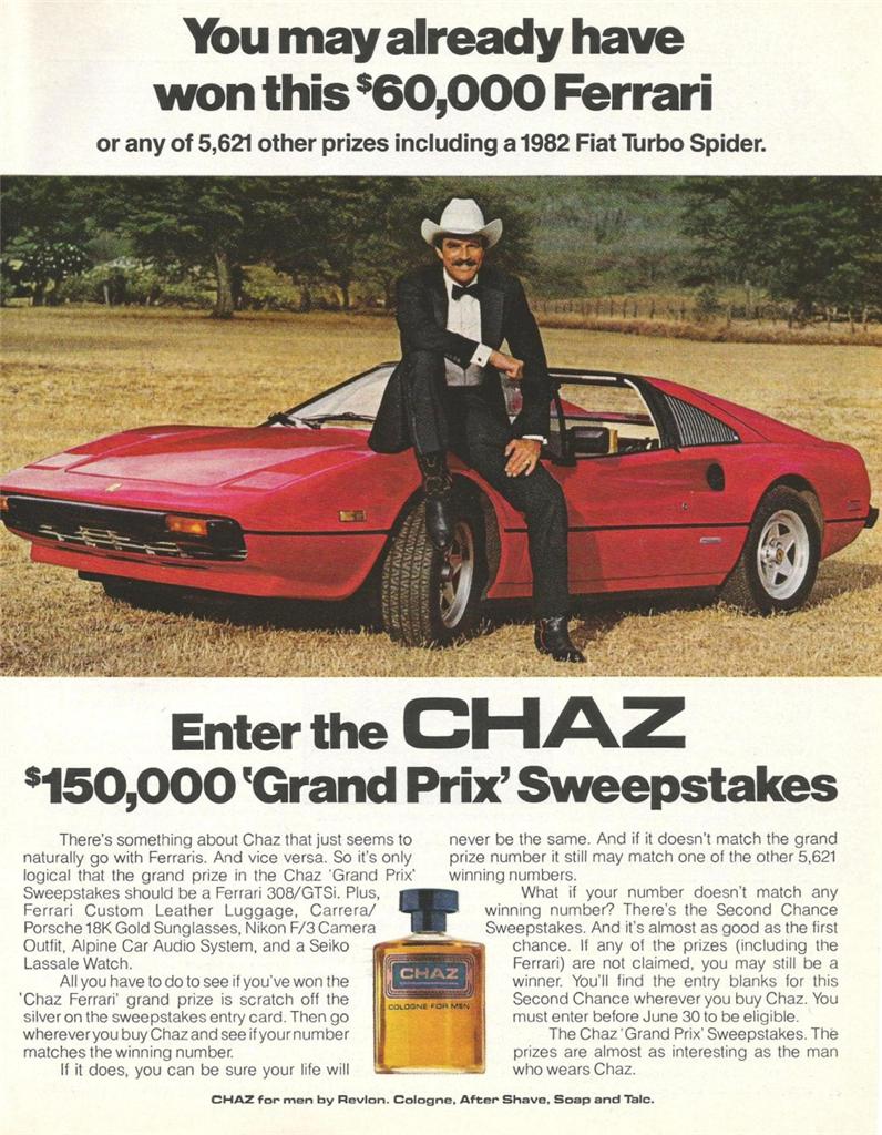 Advert with Selleck and the Ferrari 308 GTS front and centre