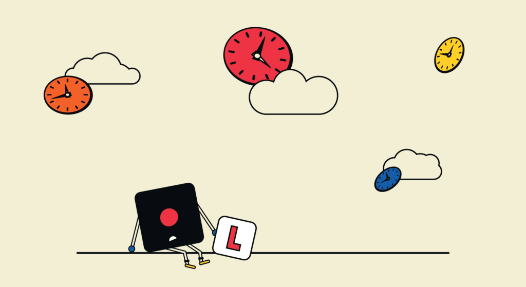 Illustration with black box holding an L plate looking at clocks in sky