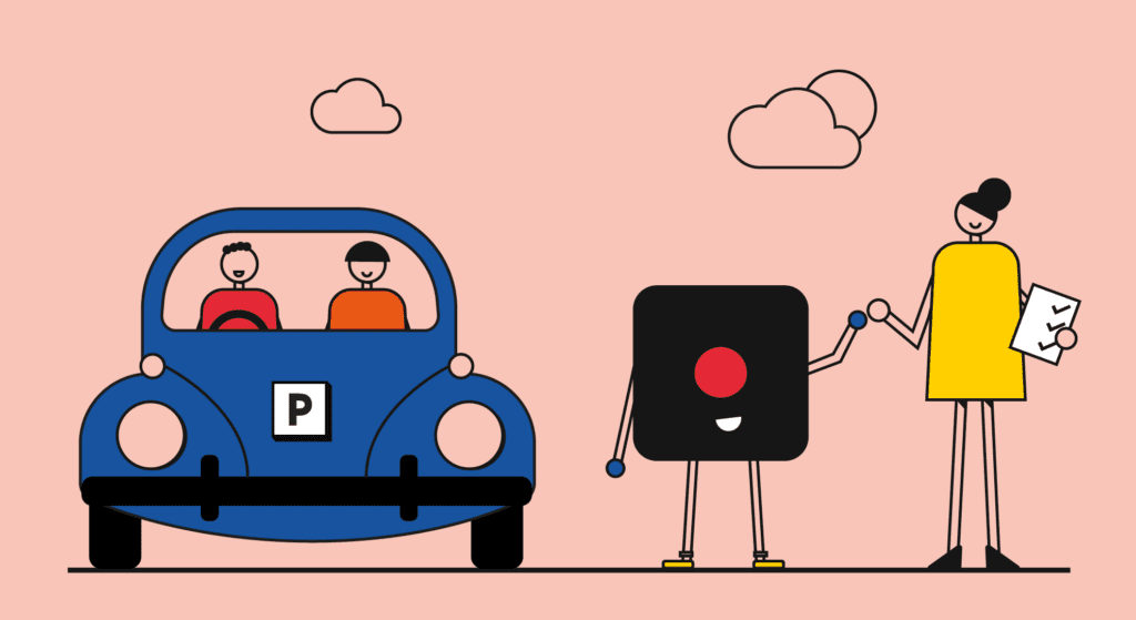 Illustration of people in a car with P plates