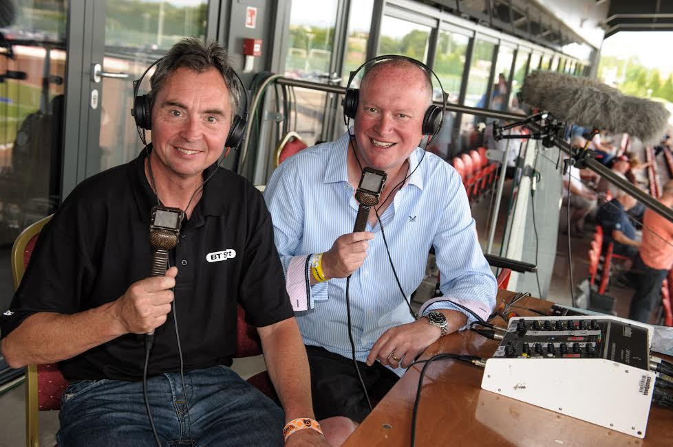 Nigel Pearson and Kelvin Tatum commentating at a motorsport event