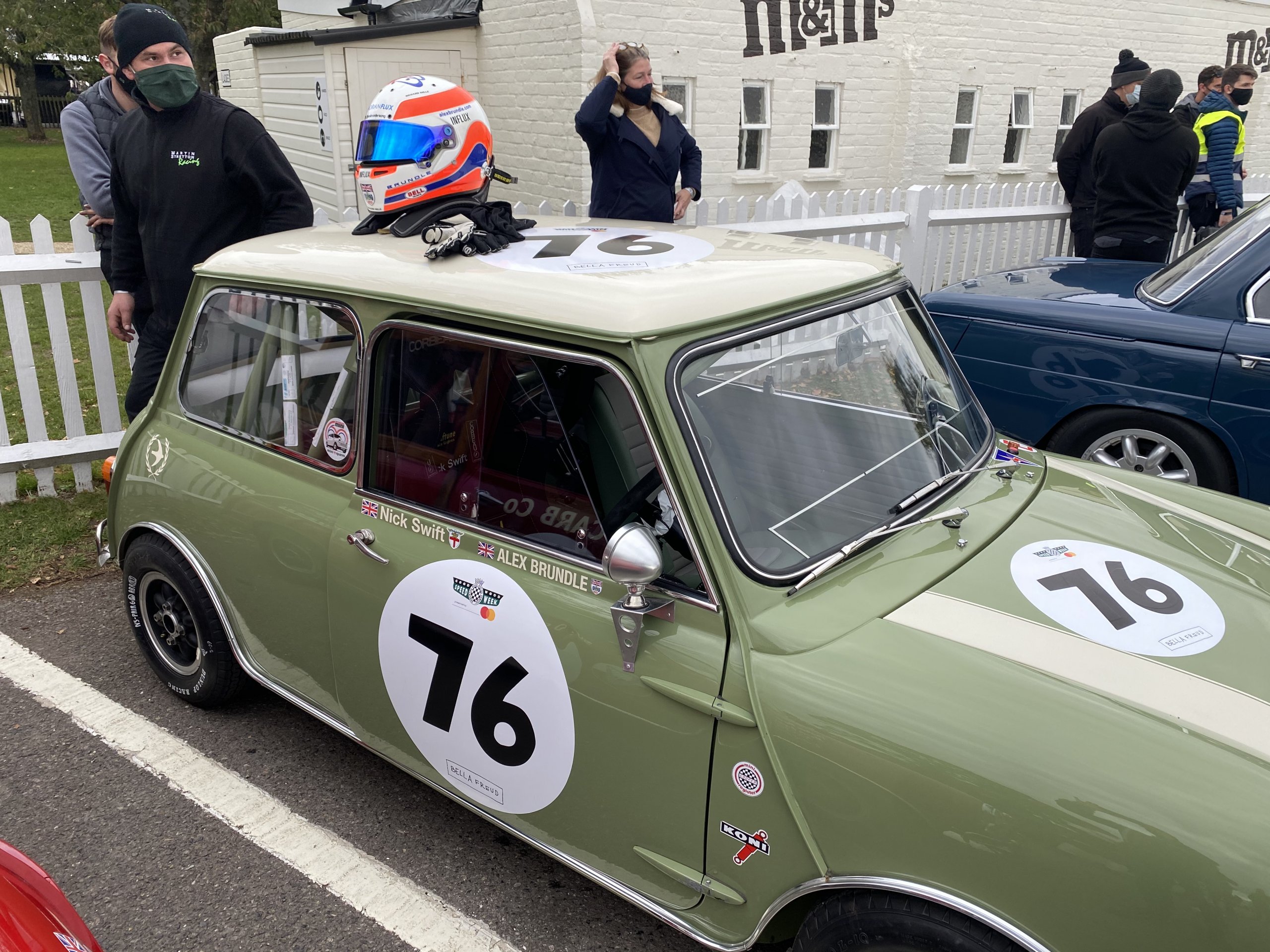The outside of a mini with the helmet on the top