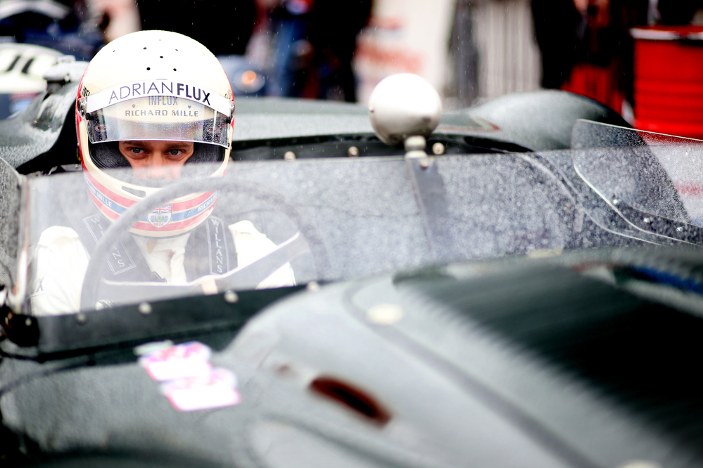 A front view of Alex Brundle in the Lister Jaguar Knobbly