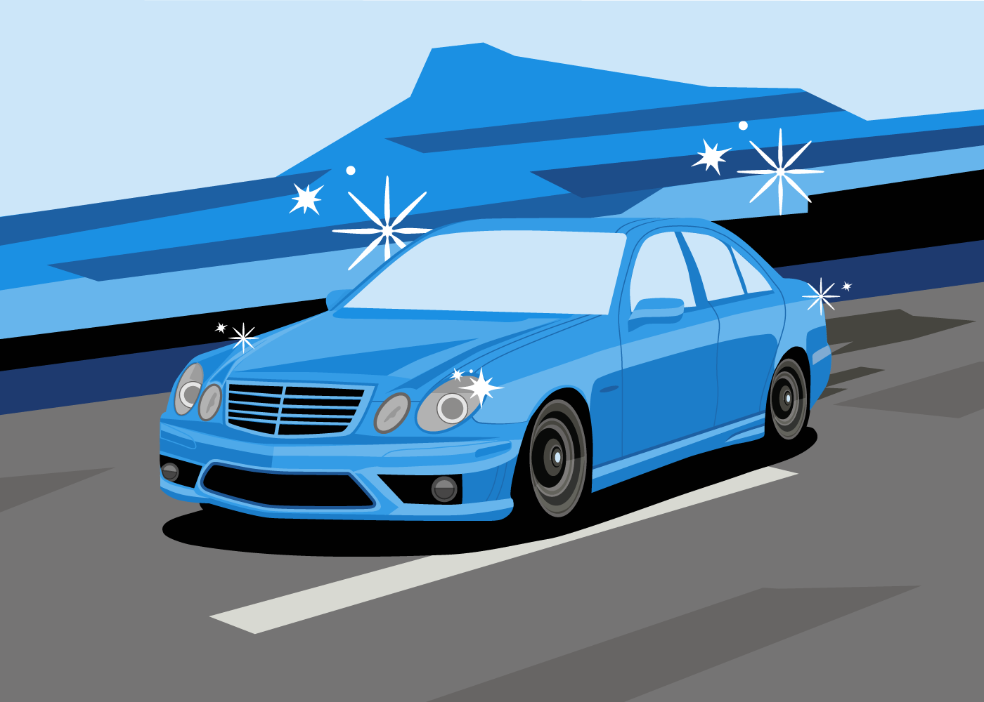 Illustration of a cheap luxury car driving down the road
