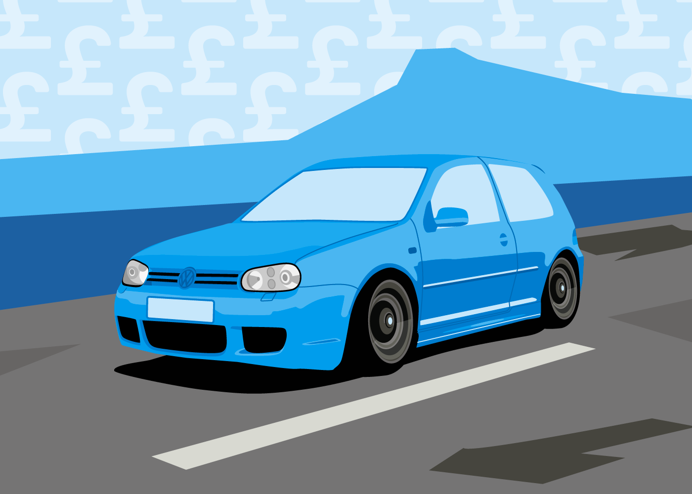 Illustration of modern classic car with pound signs in background