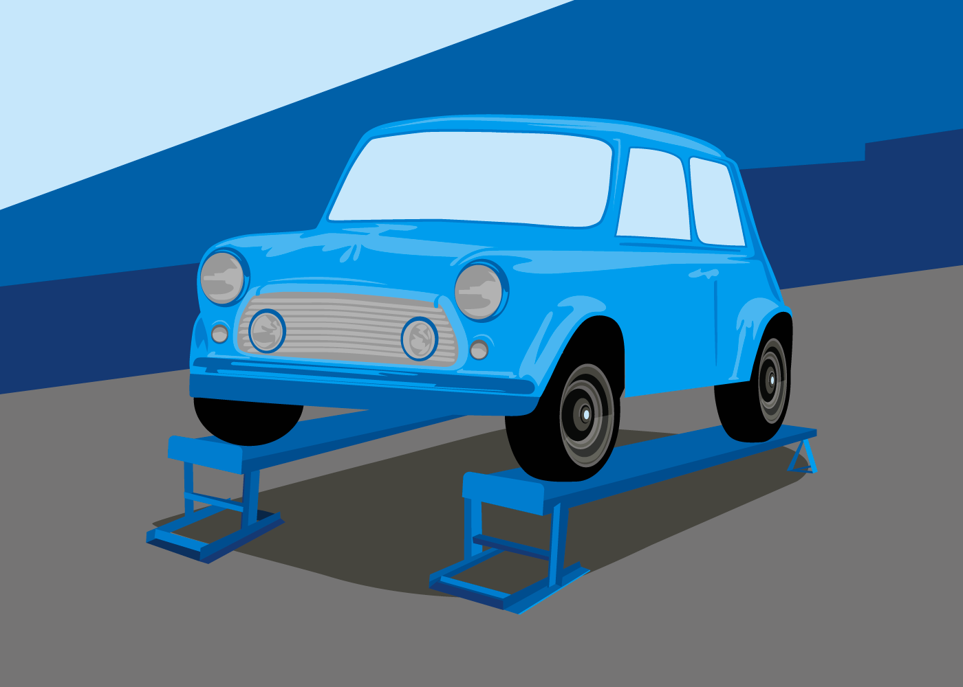 Illustration of a small car on a stand so it can be restored