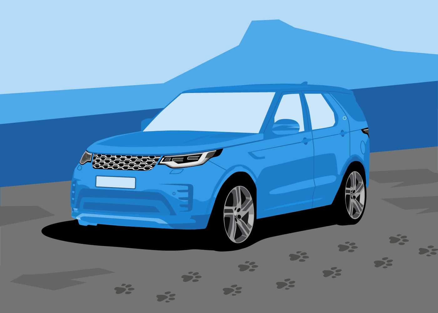 Illustration of large SUV car with paw prints on the ground