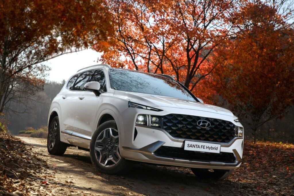 Hyundai Sante Fe driving down road with autumn trees in the background